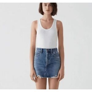 AGOLDE Quinn High Rise Denim Mini Skirt Button Fly Distressed Hem Size 29